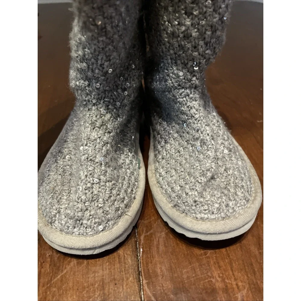 UGG Treadlite Silver Gray Sequin Knit Mid Calf Sweater Boots‎ Shoes Kids Size 12